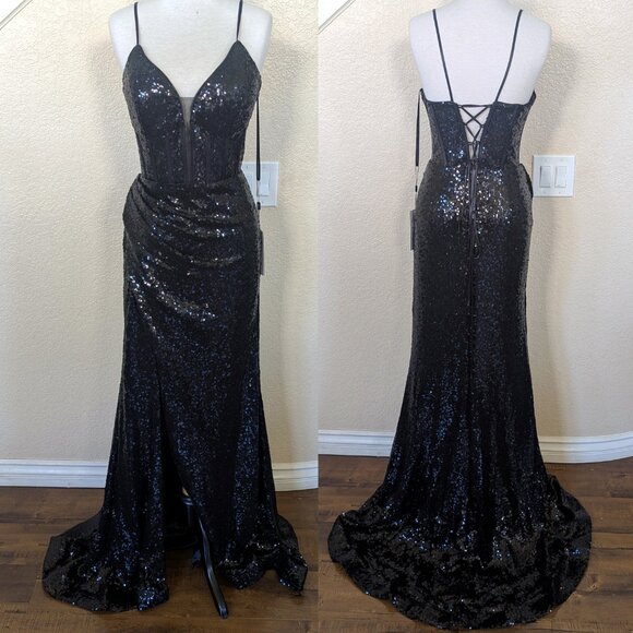Black Sequin Sweetheart Neck Sleeveless Corset Formal Prom Evening Dress 10 - Picture 2 of 4